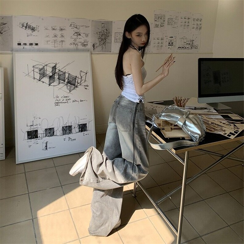 美式复古灰色阔腿牛仔裤女春秋垂感高腰小个子宽松显瘦直筒拖地裤,男装牛仔裤,星座506A