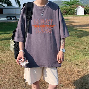 YT26181-P30亚麻短袖t恤男大码五分袖男宽松七分袖港风模特，男装T恤，电商A040