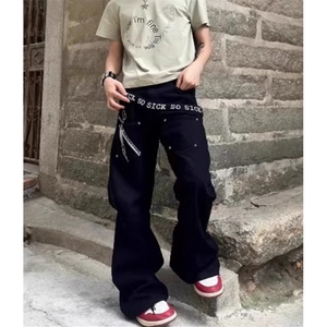 裁剪标语字母廓形拼接弯刀牛仔裤男女黑色宽松裤子N011,黑色马面搭配大衣图片