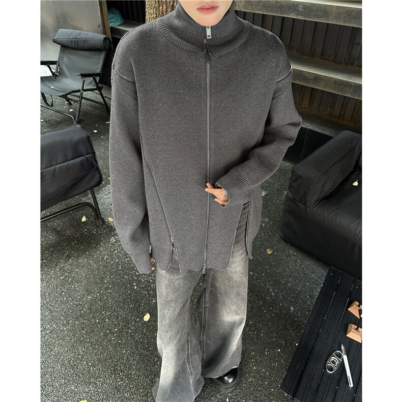 秋冬小众拉链设计毛衣外套男cleanfit纯色宽松休闲重磅立领针织衫图片