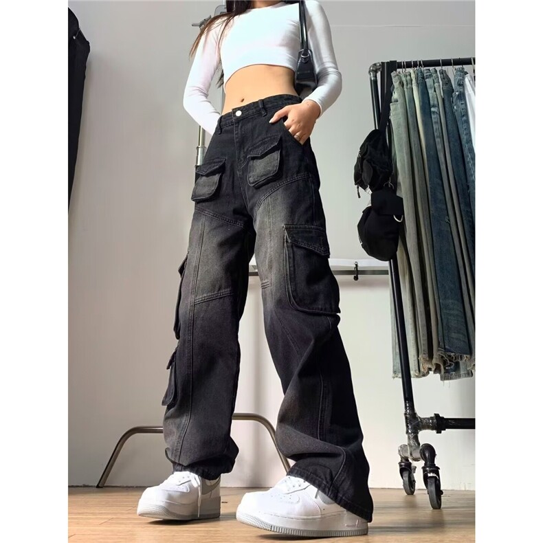 美式高街复古牛仔工装裤女2025新款vibe宽松显瘦直筒阔腿拖地裤子,男装工装外套,星座506A