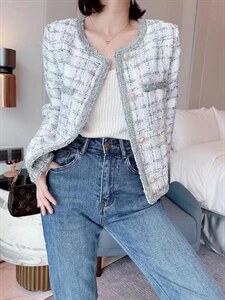小香风粗花呢编织外套图片