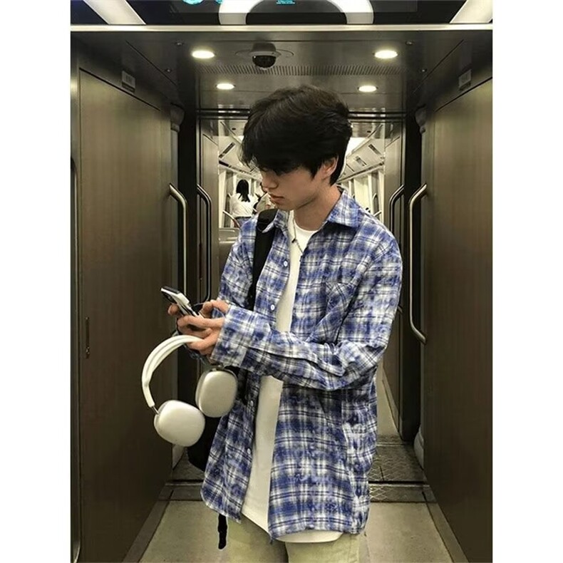 潮牌美式复古蓝色格子衬衫女春秋款设计感小众长袖上衣高街外套,男装衬衫,星座1210-1