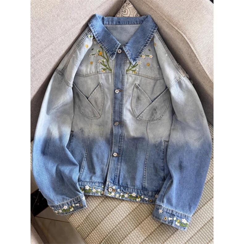 JK8973-P73美式复古秋季新款花卉潮牌设计感渐变刺绣牛仔夹克,男装夹克,电商B323A