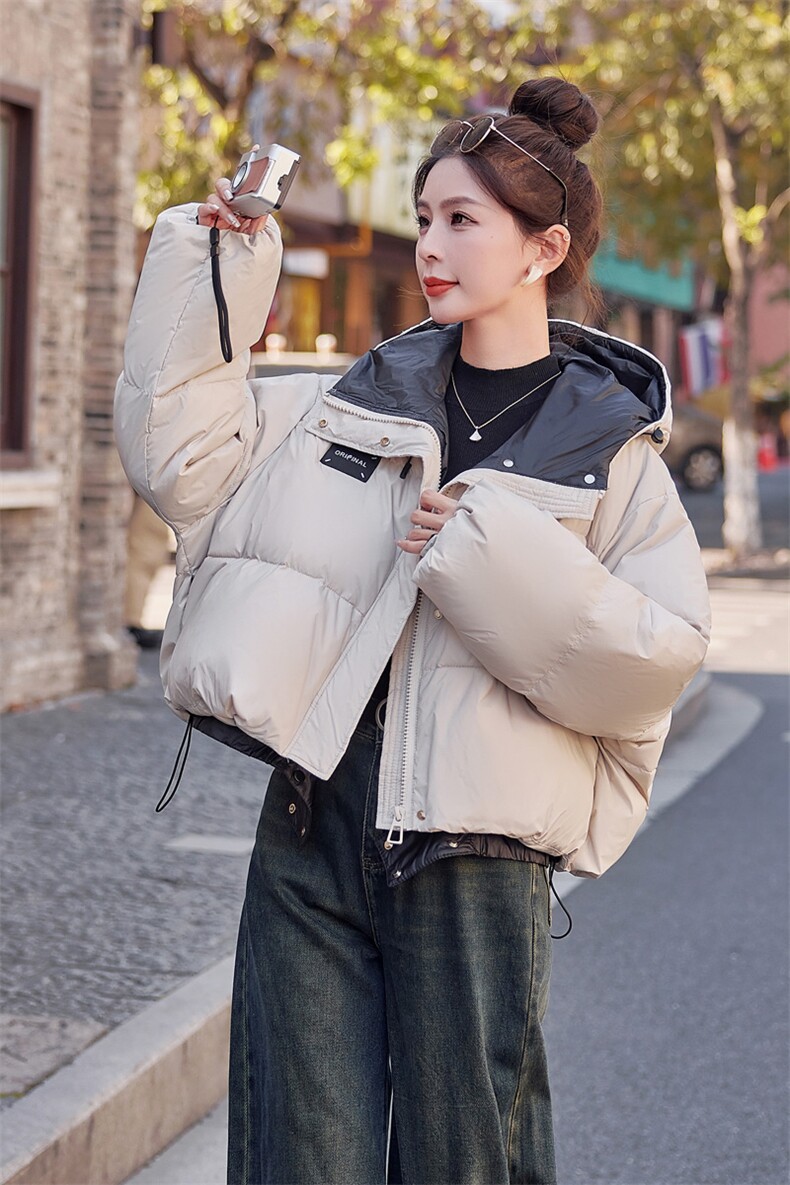 2024新款冬季韩版时尚90%拼色连帽加厚短款羽绒服外套,女装羽绒服,瑶迪依秀