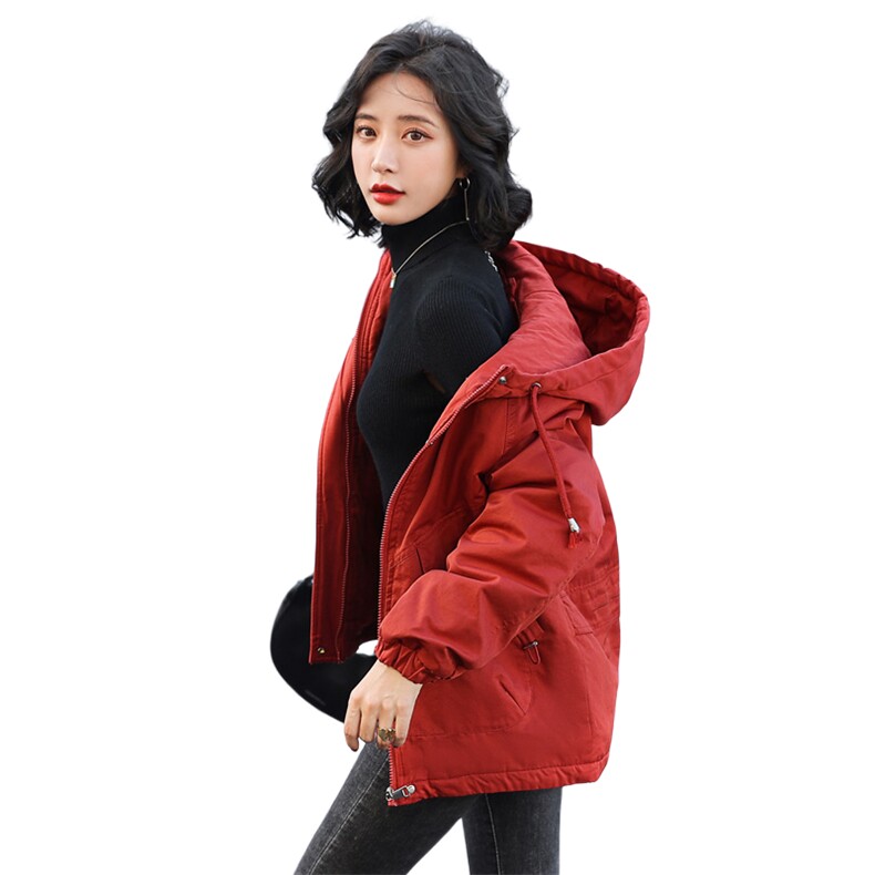 现货2025年冬新款时尚简约洗水拉链带帽派克服加绒棉衣外套,女装棉衣/棉服,印象茜