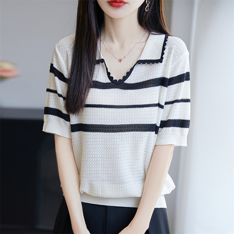 莱赛尔针织条纹短袖T恤女2025夏薄POLO领撞色宽松显瘦百搭上衣t恤,针织衫/毛衣,唐诺