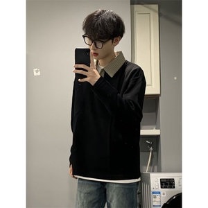 千鸟格翻领正肩卫衣男款秋冬长袖polo衫青少年高级感内搭打底上衣