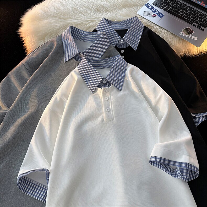 8XL-M假两件衬衫领短袖T恤大码夏季条纹拼接polo衫半袖DX1211/P45,男装Polo衫,电商B238