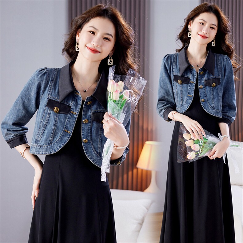 长袖吊带连衣裙女2023秋新款牛仔小外套吊带裙时尚长袖，女装牛仔外套，美沁