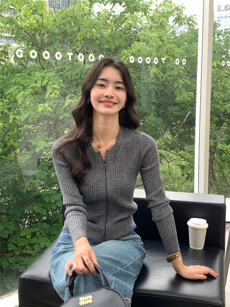秋冬新款v领女拉链修身开衫衣保暖上衣针织衫打底,针织衫/毛衣,玛卡隆羊绒