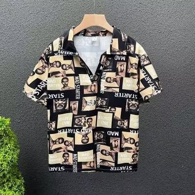 夏季印花翻领冰丝短袖衬衫男夏宽松休闲时尚垂感轻奢衬衣,男装衬衫,星座1013