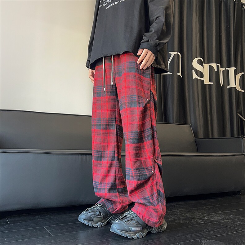 复古格子裤秋季褶皱伞兵休闲裤直筒拖地裤A486特P45控68图片