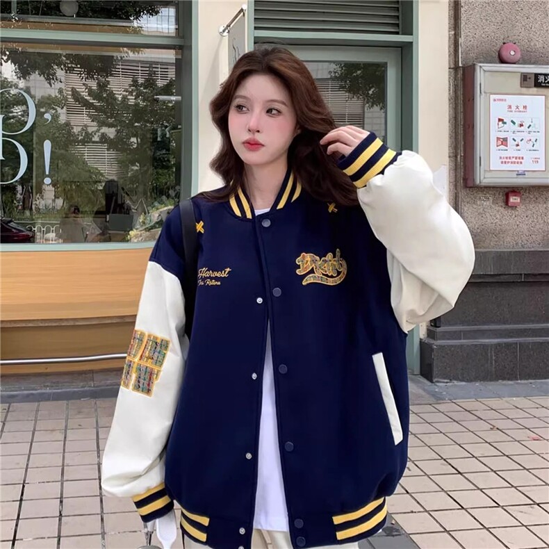 J9983-P65毛呢拼皮面料毛巾刺绣宽松潮牌棒球服夹克,男装夹克,星座617A-2