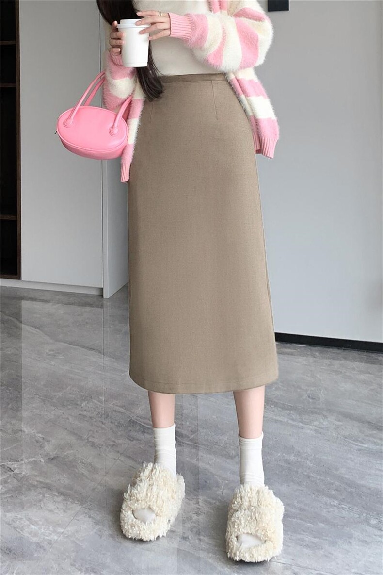 毛呢a字裙半身裙女2023新款高腰显瘦半裙秋冬中长款包臀裙子,女装半身裙,梦白服饰厂