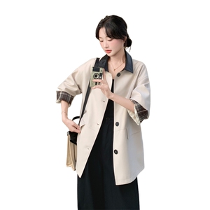 撞色格子拼接风衣外套女2025秋季新款韩系设计感气质百搭显瘦大衣图片