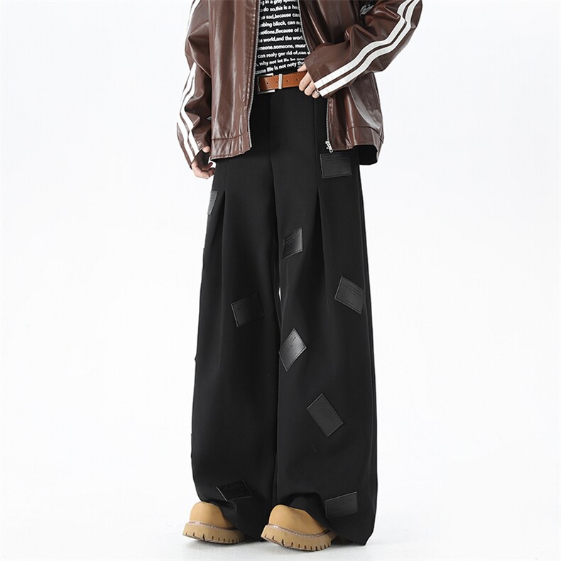 新款阔腿西裤男帖标设计感休闲长裤宽松垂感拖地裤225-2-K03-P68，男装西裤，星座225-2