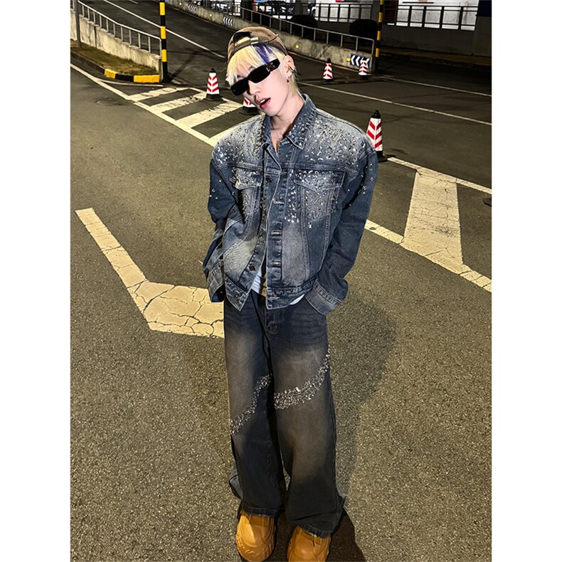 重工闪钻钉珠亮片牛仔外套镶钻上衣JK8883特P93牛仔裤KZ8883特P70,男装工装外套,星座908-1