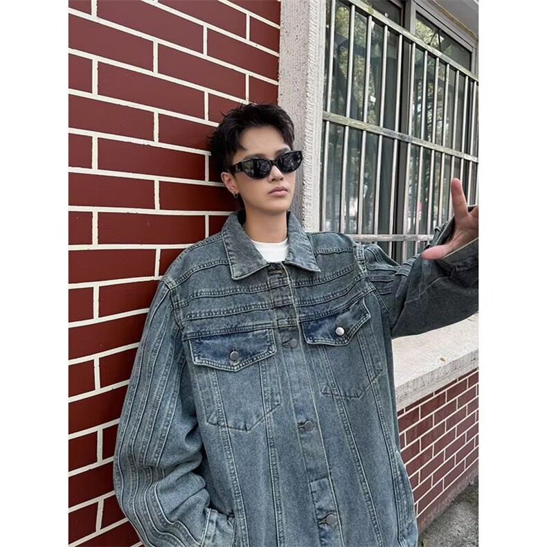 美式复古水洗牛仔翻领外套男春秋潮牌cleanfit短款痞帅工装夹克,男装工装外套,四季星座505