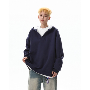 8XL-M叠穿假两件卫衣重磅连帽V领拼接套头衫宽松大码外套WY006P65图片
