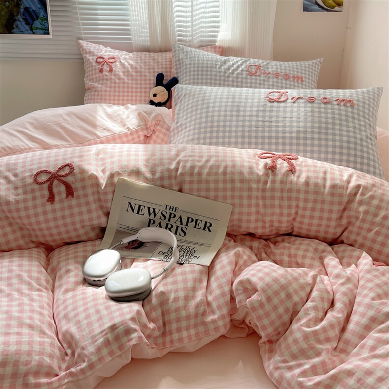 新款ins韩系毛巾绣蝴蝶结水洗棉四件套，床品套件，一起卖家纺