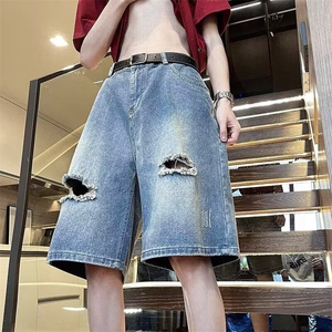 破洞牛仔裤男女韩版潮流高街帅百搭2025夏季ins五分裤RK2747-P43图片