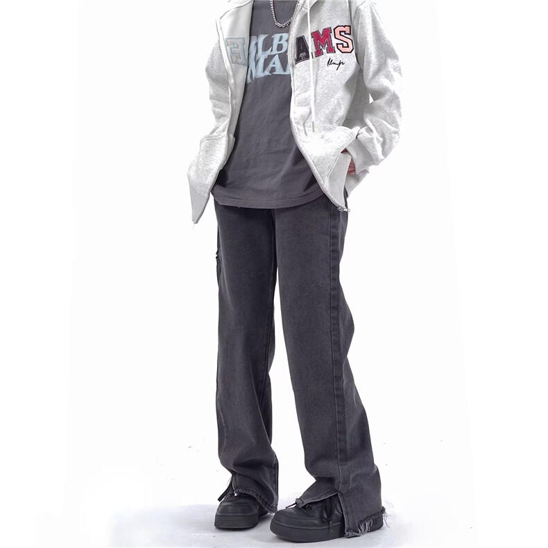 美式复古拉链开衩牛仔裤男ins潮牌高街vibe直筒小脚裤子K3177-P52,男装牛仔裤,星座412-2