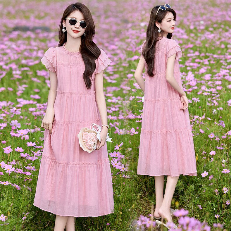 现货法式气质连衣裙女中长款夏季新款时尚遮肚子显瘦宽松裙送腰带，女装连衣裙，丽美静依