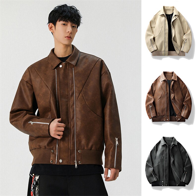 主推美拉德咖色皮衣外套春款新款翻领工装A436-2519-P85128，男装皮衣，电商A436