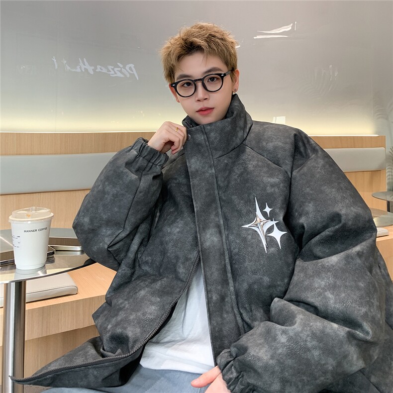 港风PU皮复古做旧可拆卸四芒星胸针设计棉衣男MY77721P128控168，男装棉衣，星座227-7