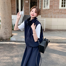 藏青色工装休闲套装裙女2025夏季新款韩系慵懒风马甲半身裙两件套，女装套装/套裙，2C316