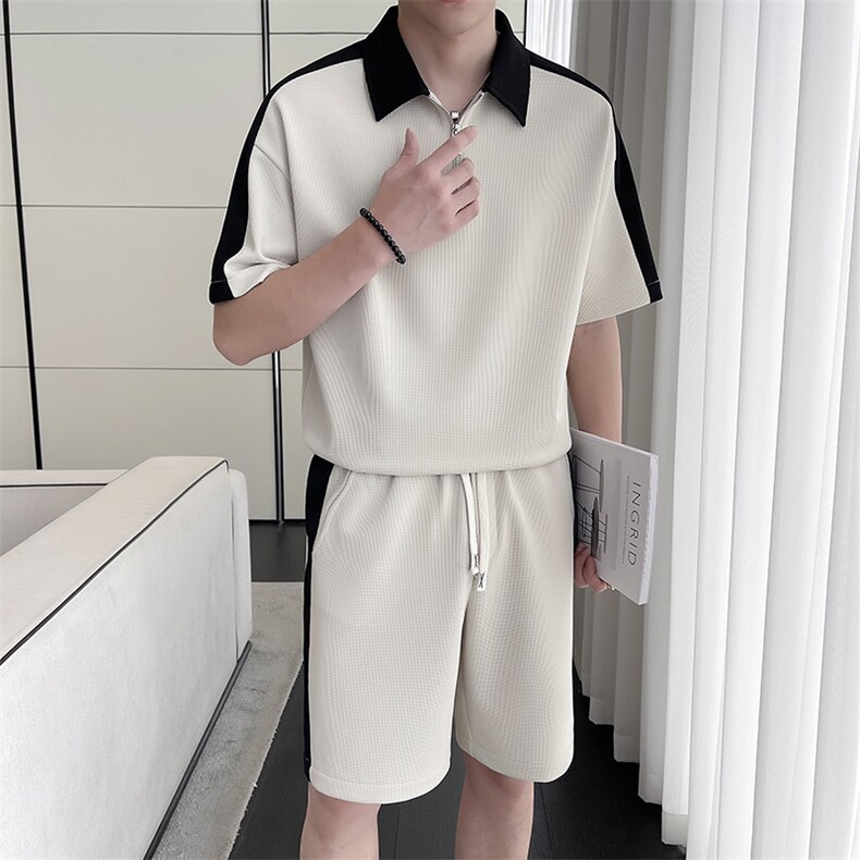 轻熟风~2025夏季新款华夫格拼色拉链领设计短袖套装Z033/P85,男装休闲套装,电商B331