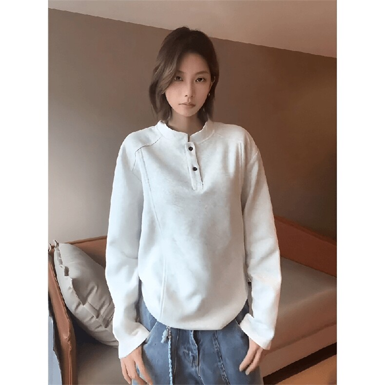 抖音得物品质美式高街重磅曼巴棉拼接cleanfit亨利领卫衣长袖T恤,男装T恤,电商A486-1