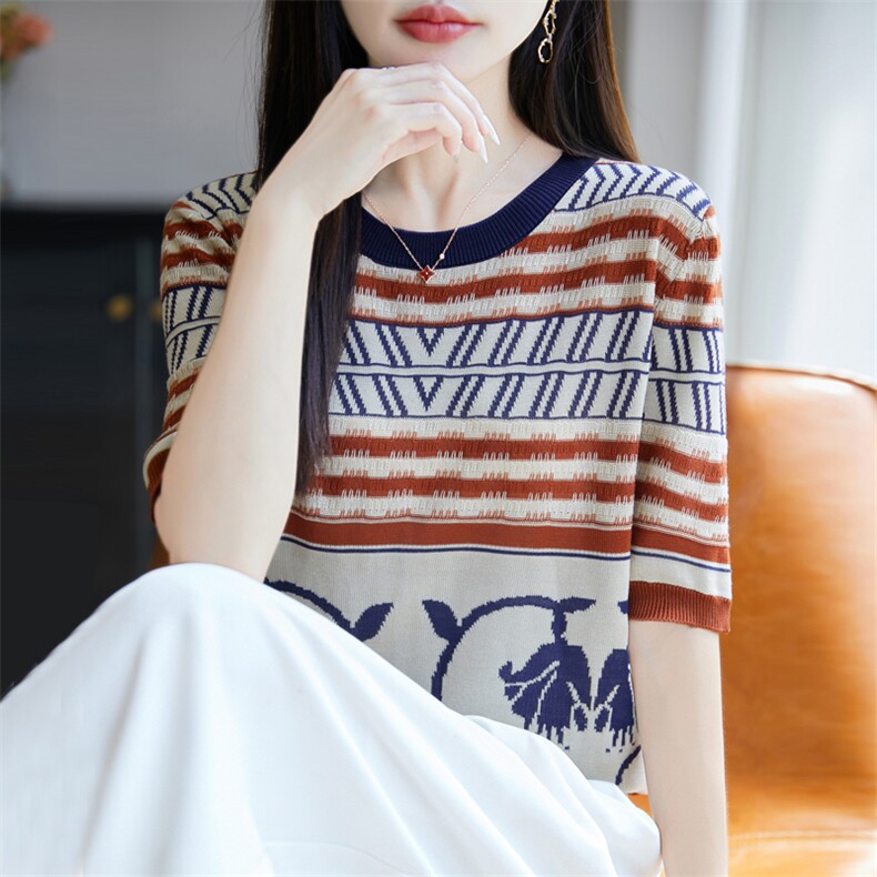 撞色冰丝针织提花短袖T恤女2025新款夏季薄宽松显瘦上衣小衫半袖,针织衫/毛衣,大美人高端店
