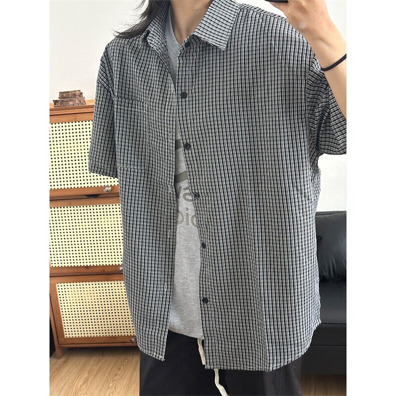 格子衬衫春夏美式短袖衬衫港风情侣装休闲衬衣CS286-P30,男装T恤,星座301C-5