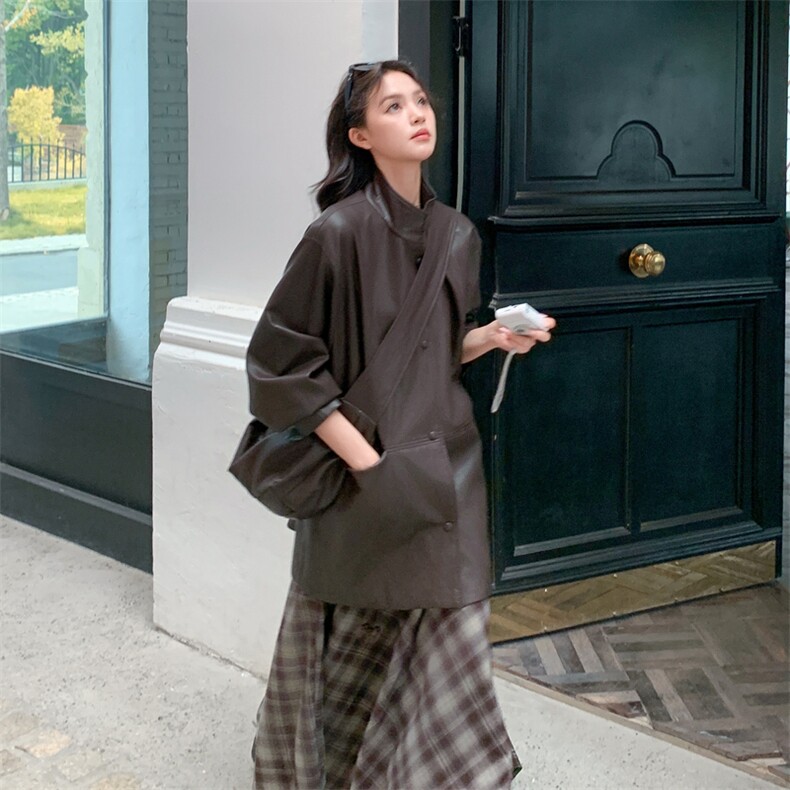 复古设计感气质咖色皮衣外套女春秋季2025新款中长款PU夹克机车服,女装皮衣,2C112