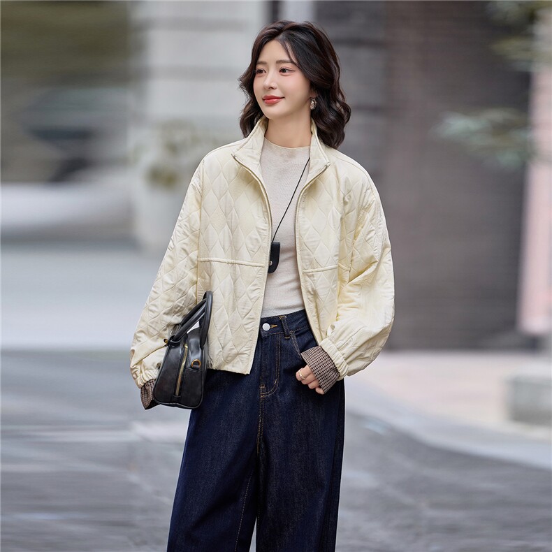 2026年冬季短款立领宽松型长袖插肩袖宽松夹克短外套女,女装短外套,微微衣阁