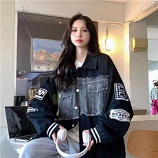 美式复古撞色拼接牛仔棒球服春秋季新款宽松韩版学生百搭外套女潮，女装短外套，星座1210-1