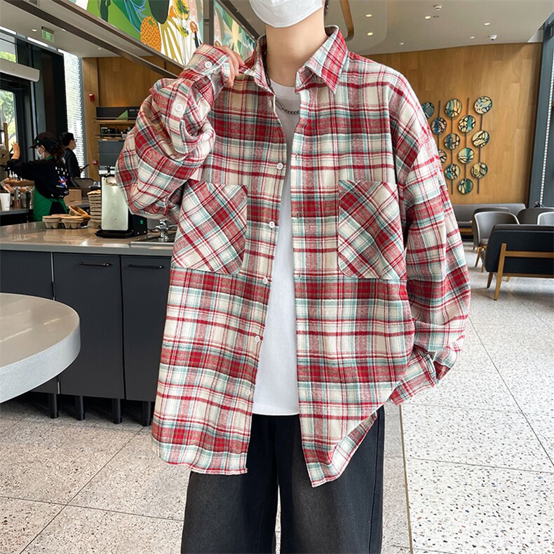 美式复古休闲百搭情侣衬衣外套港式慵懒风格子衬衫男女长袖春季图片