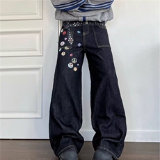 【有货】DB3051-特批70美式街头徽章印花牛仔裤男宽松直筒阔腿裤，男装牛仔裤，星座603-2