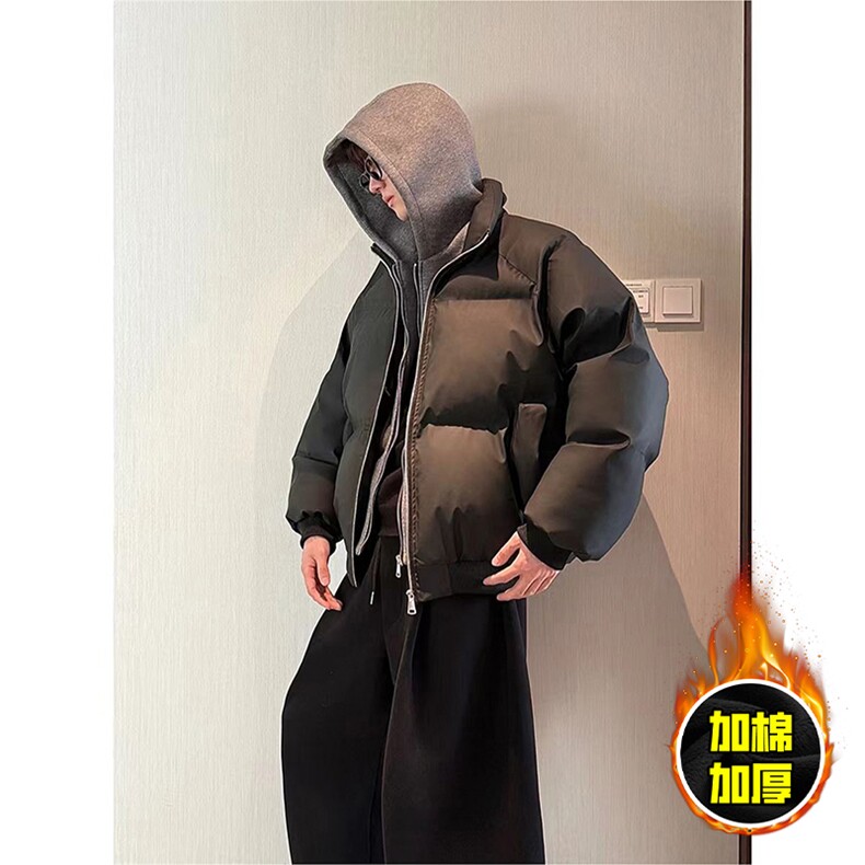 现货高品质重磅工艺美式高街假两件PU皮棉衣男女加厚棉服外套,男装棉衣,电商A443