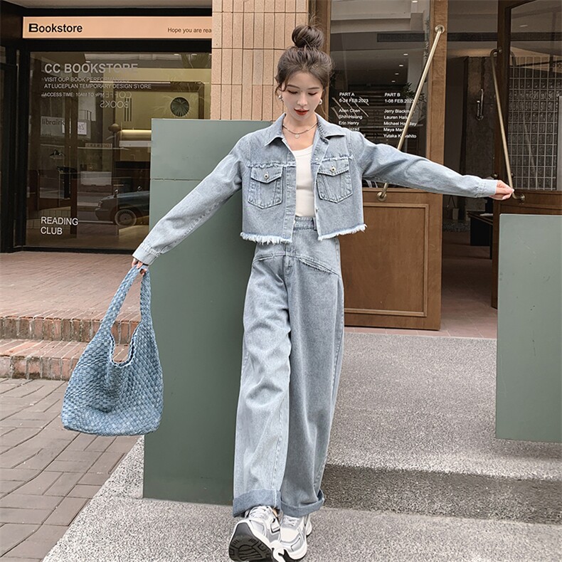 春季新款牛仔时尚两件套女宽松显瘦气质外套+阔腿裤套装,女装套装/套裙,秋水欣儿