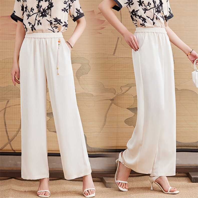 新中式提花丝滑薄款2025夏新款高腰气质显瘦冰爽亲肤透气长裤，女装休闲裤，媚琳依坊