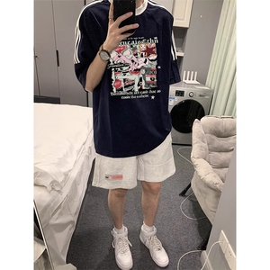 夏季美式高街重磅纯棉三条杠织带撞色男女短袖T恤ZD572-特P30图片