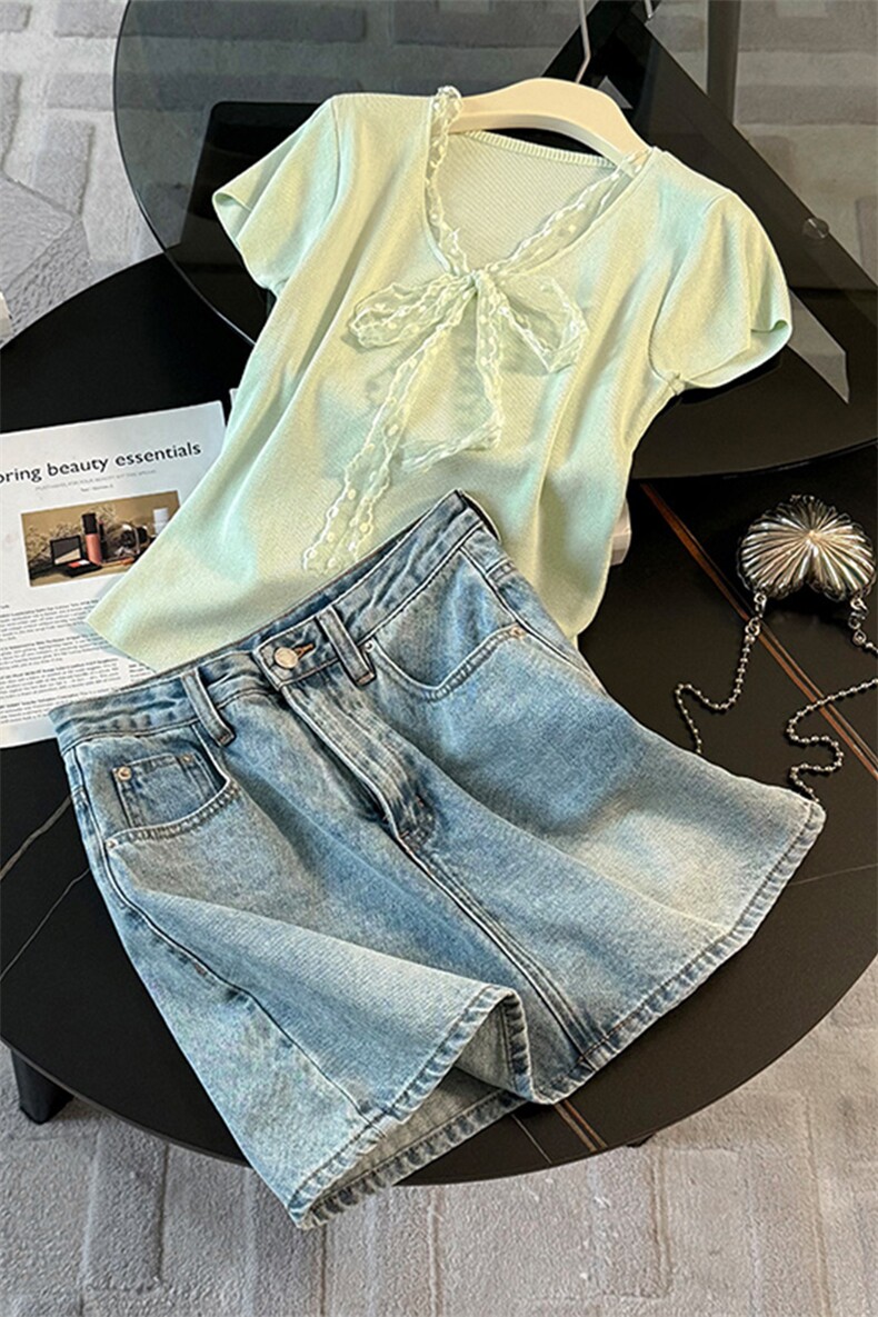 韩版休闲时尚套装裙女夏新款蕾丝拼接蝴蝶结针织衫牛仔短裙两件套,女装套装/套裙,江南