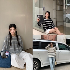 新款简约百搭条纹长袖针织女宽松休闲上衣，女装针织衫/毛衣，伟祺羊绒