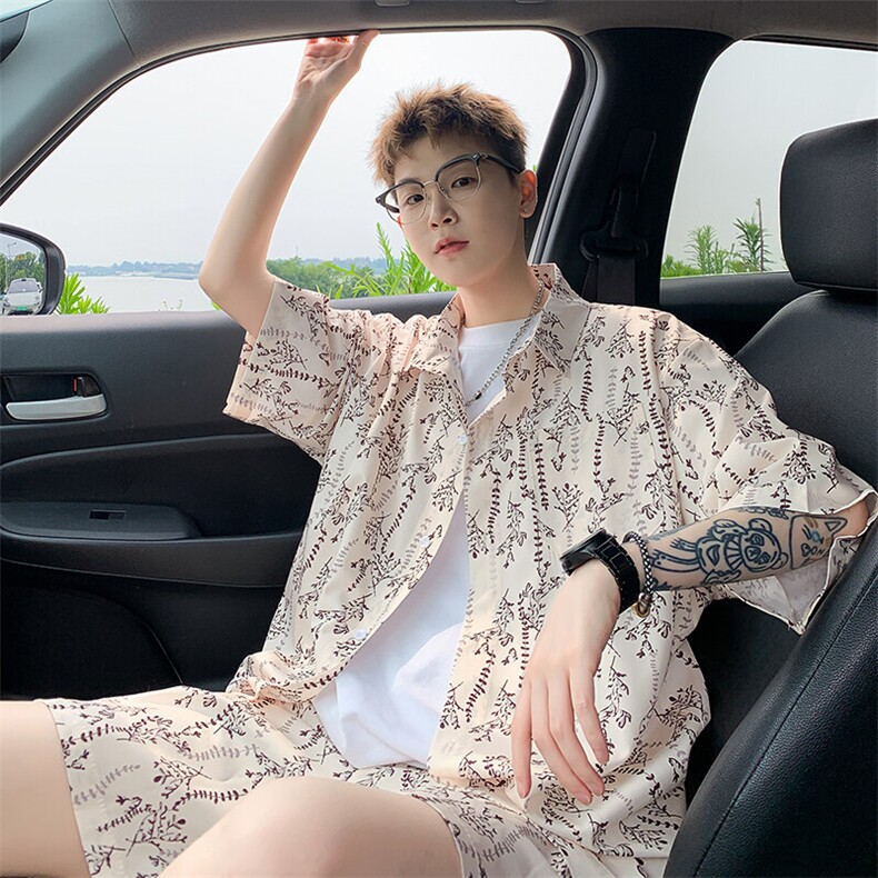 2025美式扎染印花冰丝凉感短袖衬衫薄套装 TZ5611/特P45 杏色2图片
