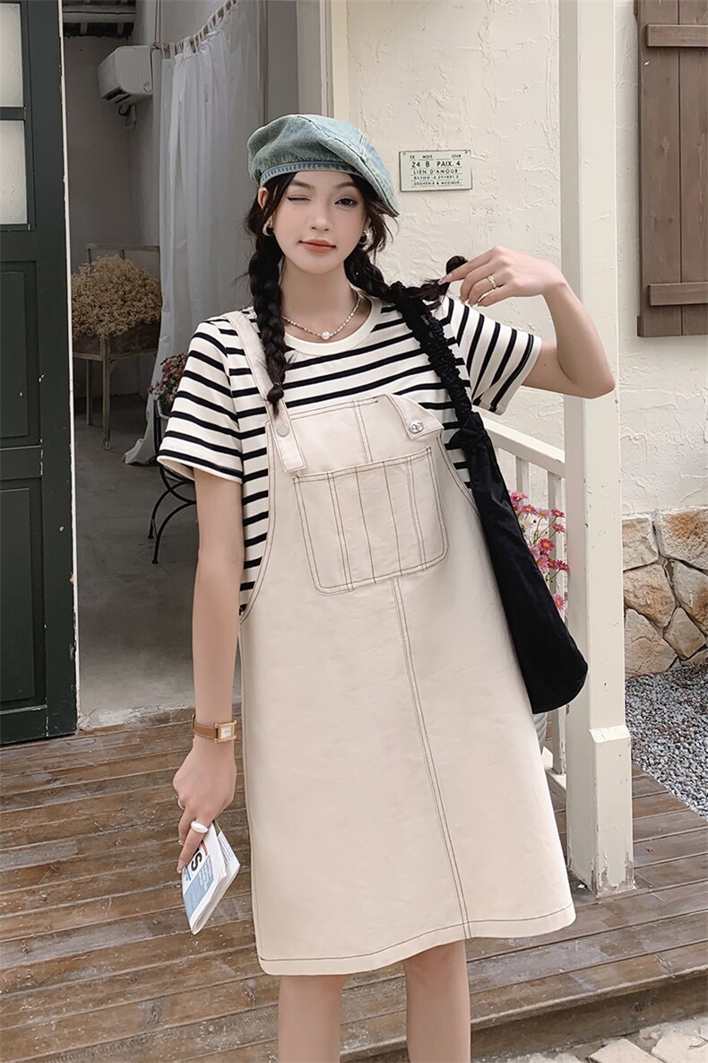 小个子通勤假两件条纹连衣裙女夏2025新款减龄休闲背带拼接T恤裙,女装连衣裙,浪娴服饰