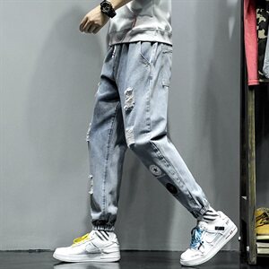2021春季新日系大码男美式束脚星标印花破洞牛仔九分裤N8100-P55图片