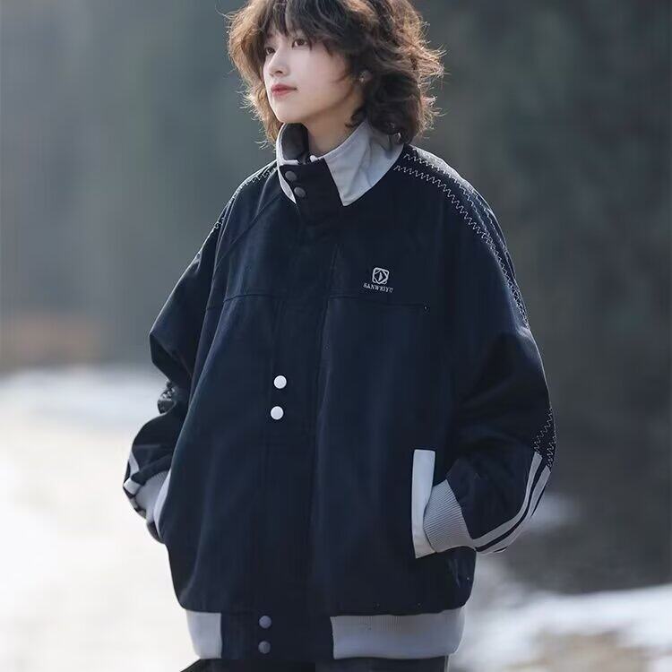 网图 潮流春秋日系复古拼接立领夹克男女款宽松潮牌棒球服外套图片
